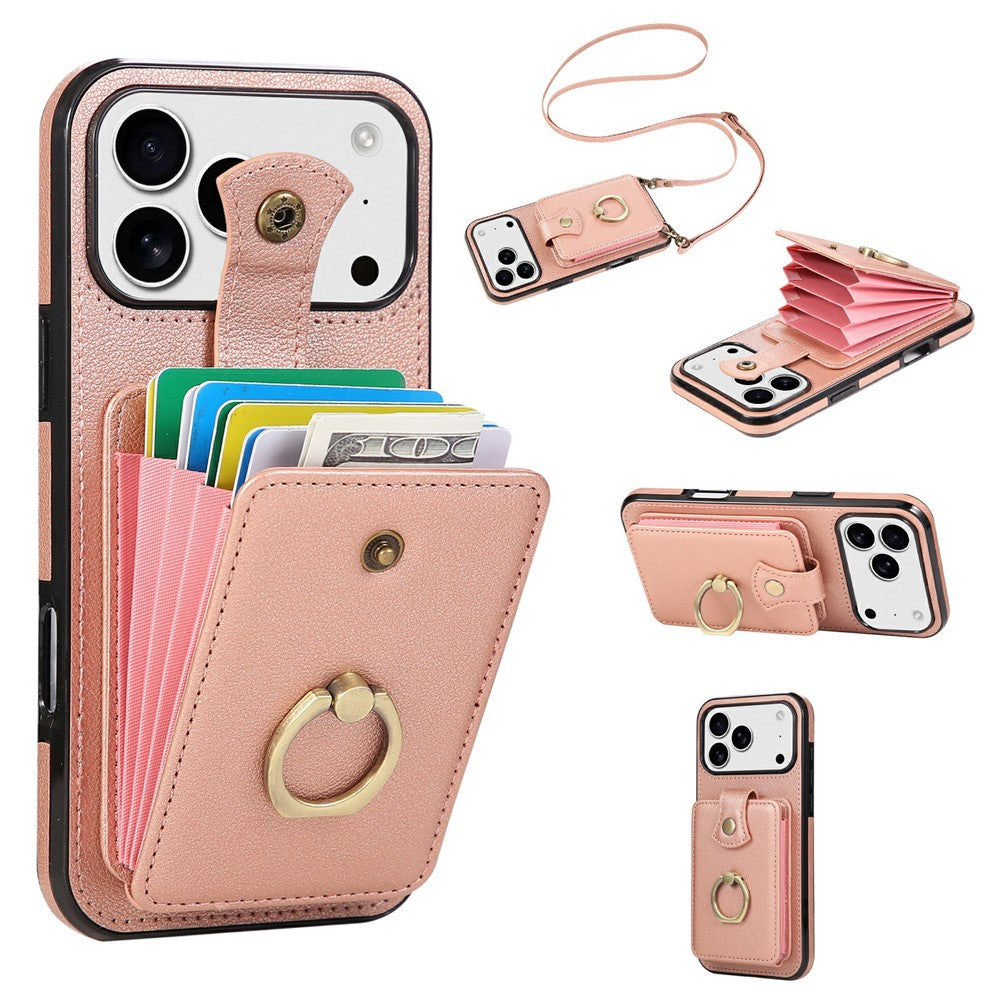 For iPhone 17 Pro Max Case Card Holder Ring Kickstand TPU + PU Leather Phone Cover with Long Strap - Rose Gold