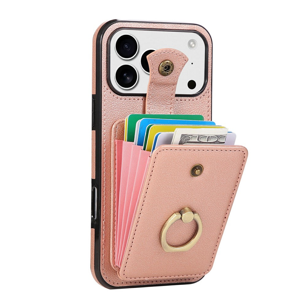 For iPhone 17 Pro Max Case Card Holder Ring Kickstand TPU + PU Leather Phone Cover with Long Strap - Rose Gold