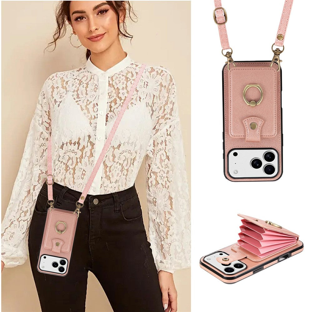 For iPhone 17 Pro Max Case Card Holder Ring Kickstand TPU + PU Leather Phone Cover with Long Strap - Rose Gold