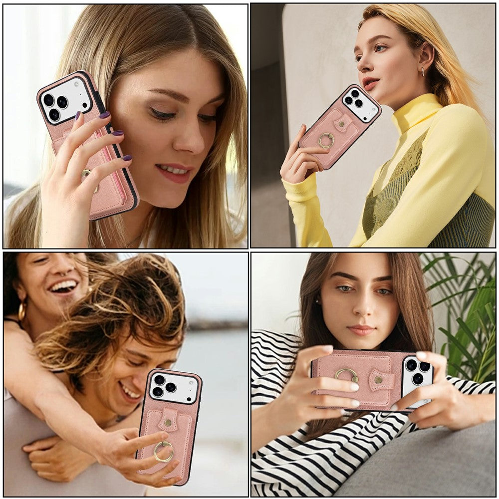 For iPhone 17 Pro Max Case Card Holder Ring Kickstand TPU + PU Leather Phone Cover with Long Strap - Rose Gold