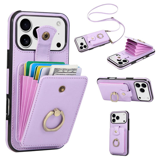 For iPhone 17 Pro Max Case Card Holder Ring Kickstand TPU + PU Leather Phone Cover with Long Strap - Purple