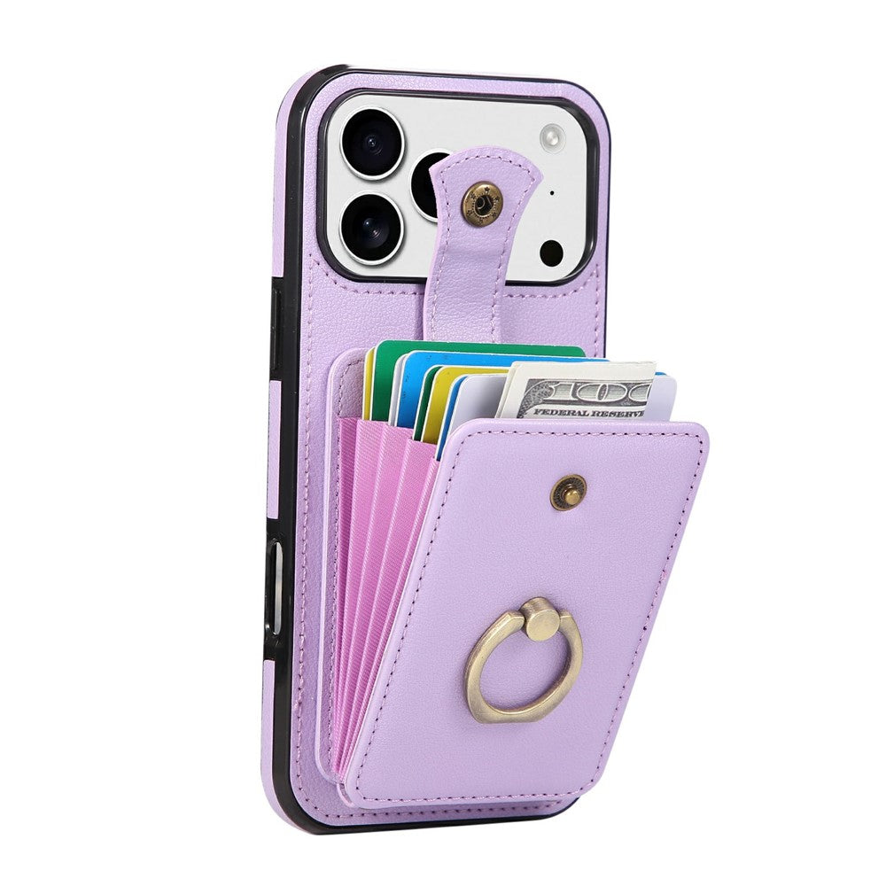 For iPhone 17 Pro Max Case Card Holder Ring Kickstand TPU + PU Leather Phone Cover with Long Strap - Purple