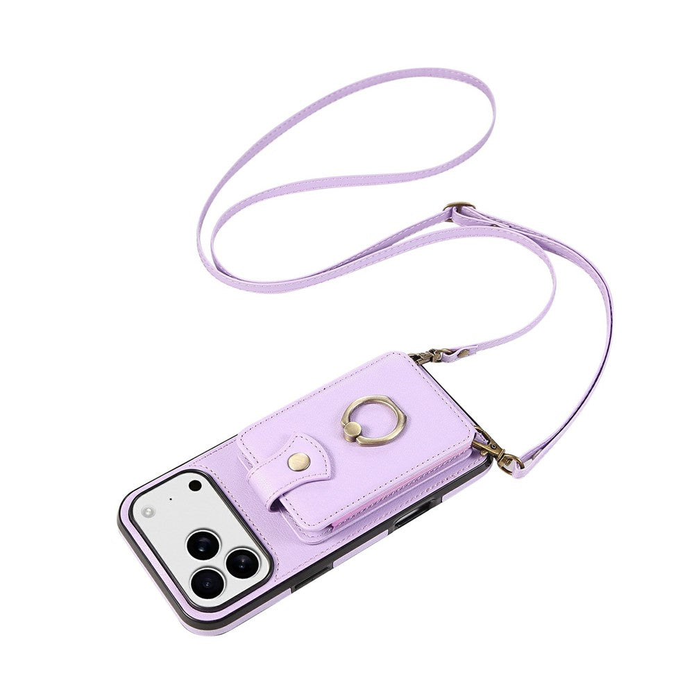 For iPhone 17 Pro Max Case Card Holder Ring Kickstand TPU + PU Leather Phone Cover with Long Strap - Purple
