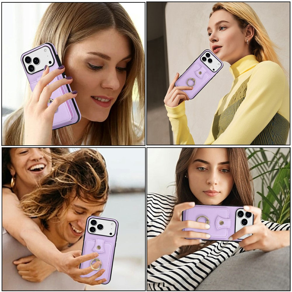 For iPhone 17 Pro Max Case Card Holder Ring Kickstand TPU + PU Leather Phone Cover with Long Strap - Purple