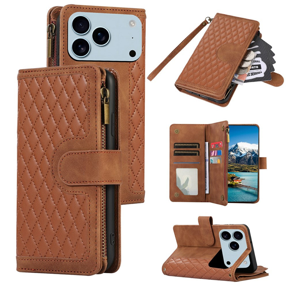 For iPhone 17 Pro Max Case 9 Card Slots Rhombus Design Leather Phone Cover with Wrist Strap - Brown