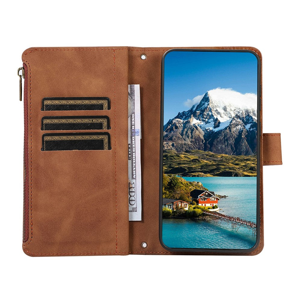For iPhone 17 Pro Max Case 9 Card Slots Rhombus Design Leather Phone Cover with Wrist Strap - Brown
