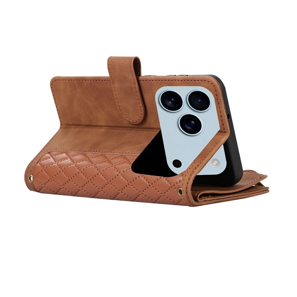 For iPhone 17 Pro Max Case 9 Card Slots Rhombus Design Leather Phone Cover with Wrist Strap - Brown