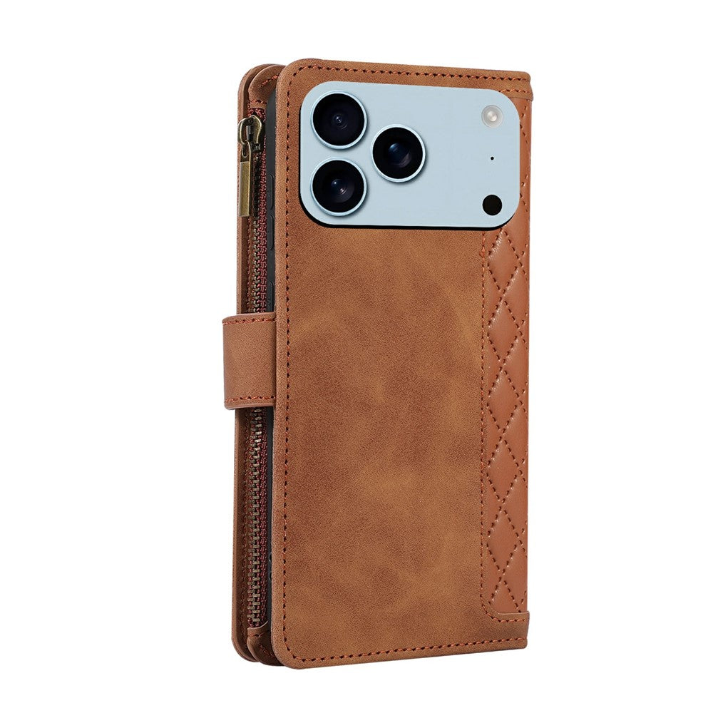 For iPhone 17 Pro Max Case 9 Card Slots Rhombus Design Leather Phone Cover with Wrist Strap - Brown