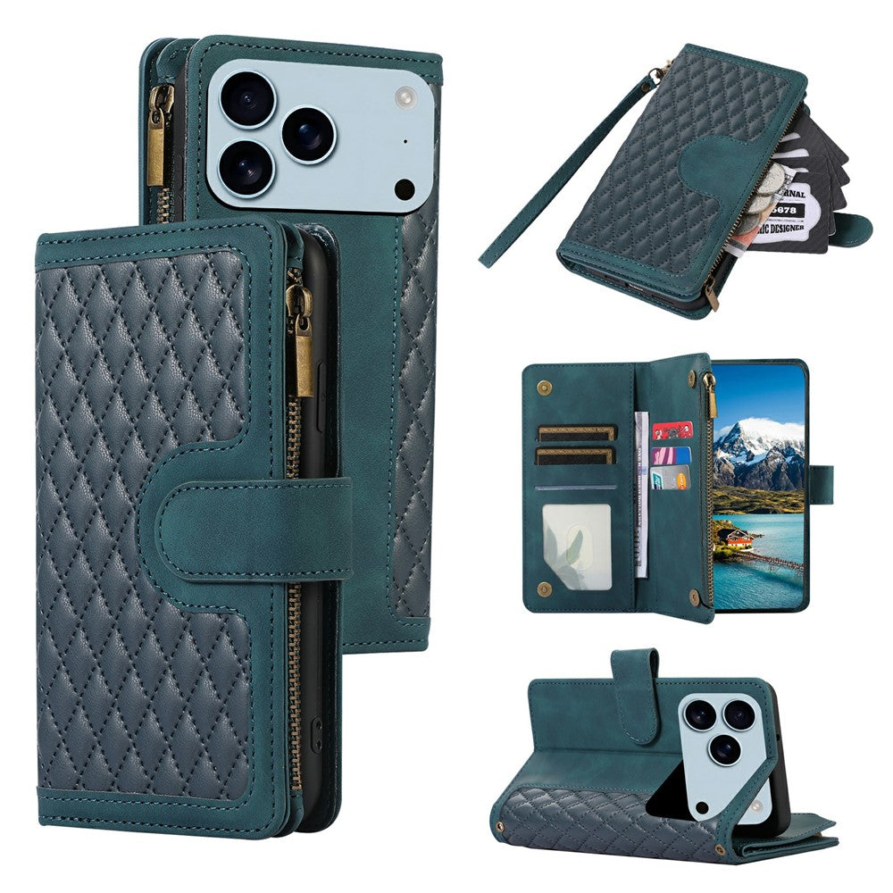 For iPhone 17 Pro Max Case 9 Card Slots Rhombus Design Leather Phone Cover with Wrist Strap - Blue