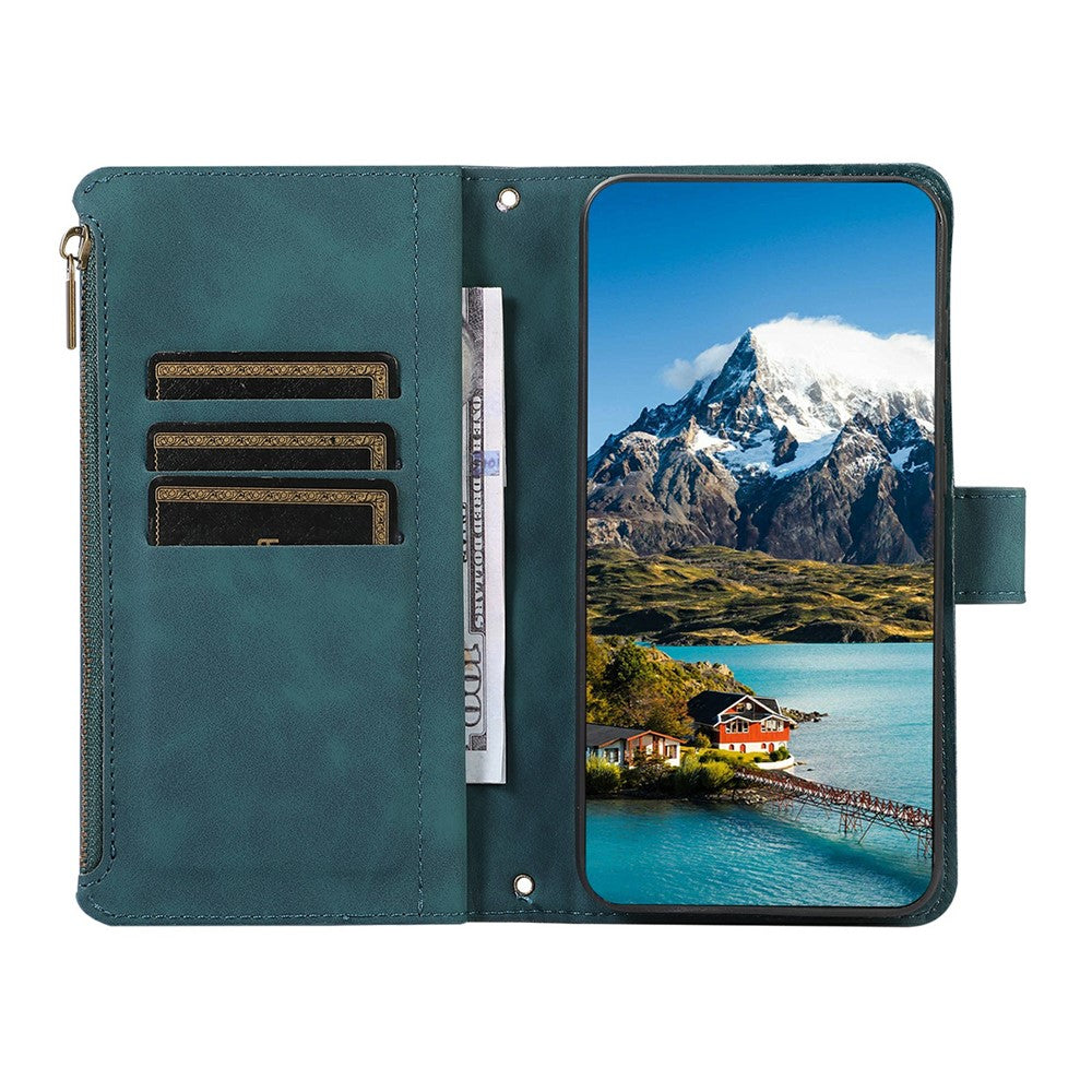 For iPhone 17 Pro Max Case 9 Card Slots Rhombus Design Leather Phone Cover with Wrist Strap - Blue