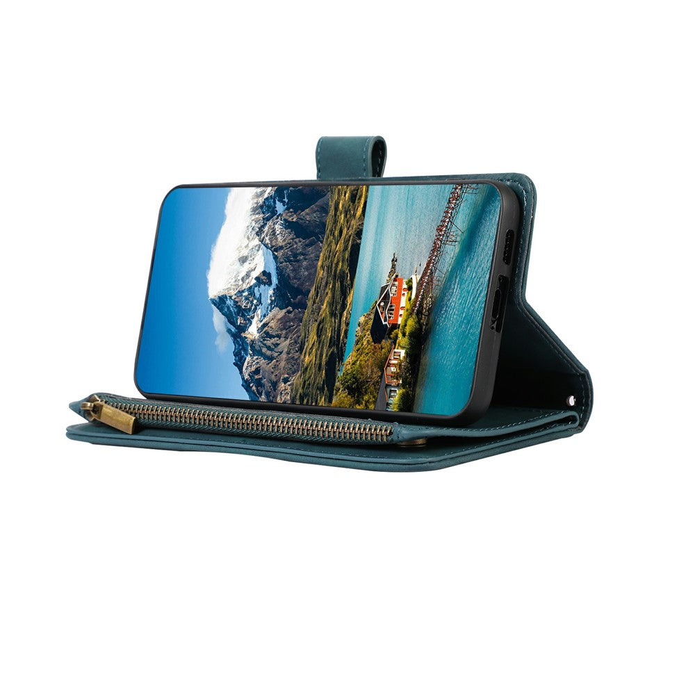 For iPhone 17 Pro Max Case 9 Card Slots Rhombus Design Leather Phone Cover with Wrist Strap - Blue