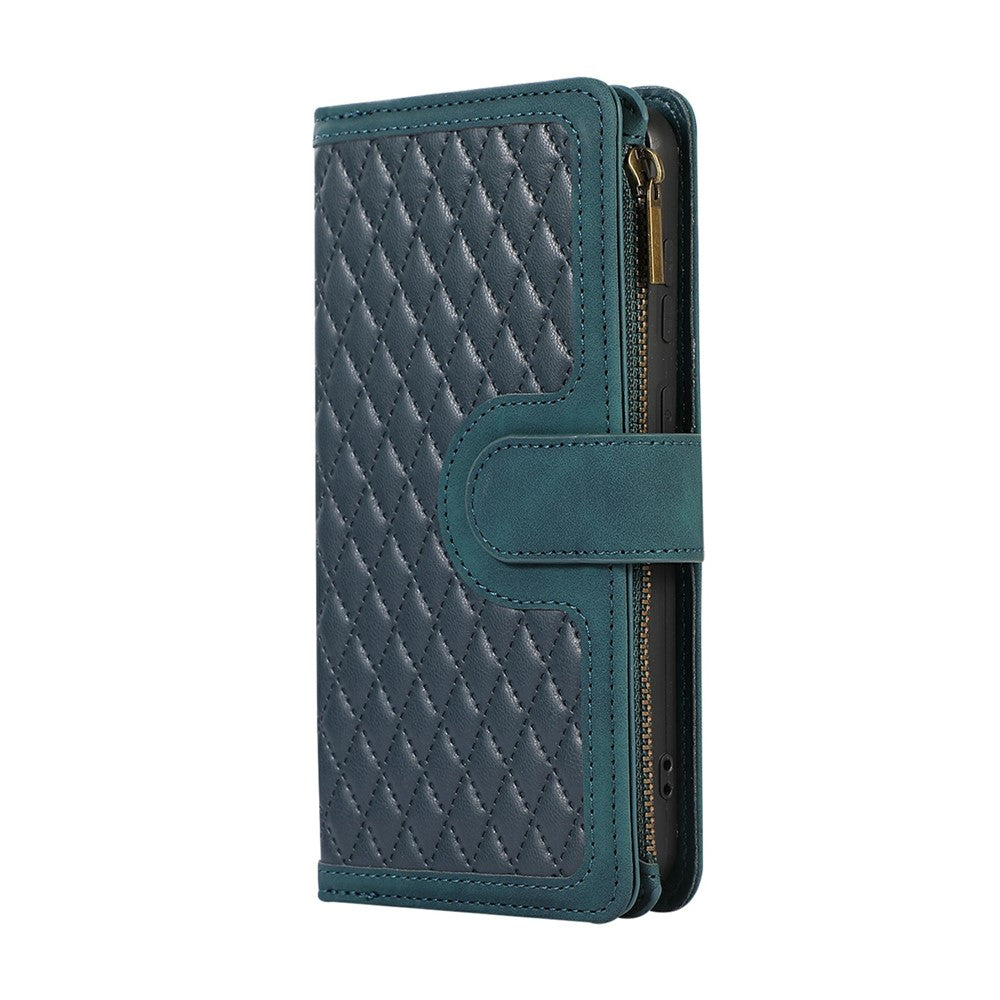 For iPhone 17 Pro Max Case 9 Card Slots Rhombus Design Leather Phone Cover with Wrist Strap - Blue