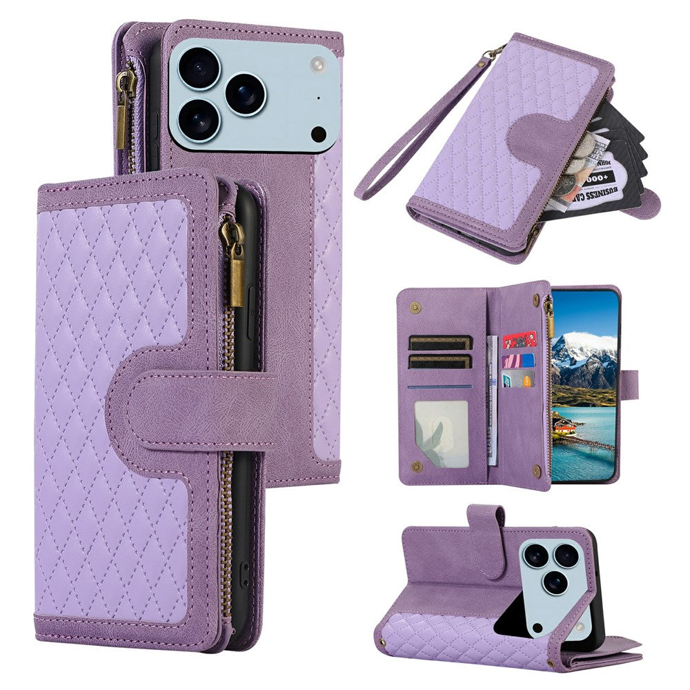 For iPhone 17 Pro Max Case 9 Card Slots Rhombus Design Leather Phone Cover with Wrist Strap - Purple