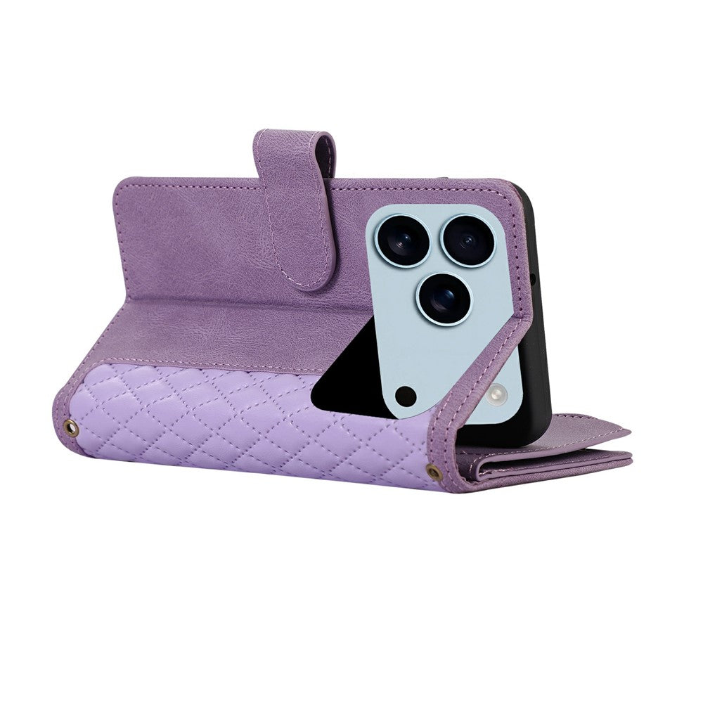 For iPhone 17 Pro Max Case 9 Card Slots Rhombus Design Leather Phone Cover with Wrist Strap - Purple
