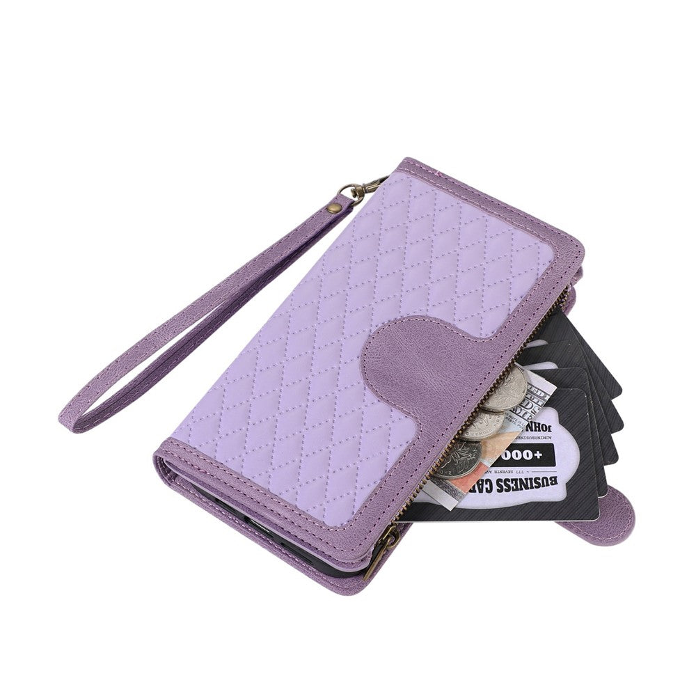 For iPhone 17 Pro Max Case 9 Card Slots Rhombus Design Leather Phone Cover with Wrist Strap - Purple