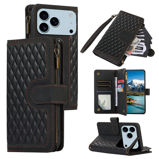For iPhone 17 Pro Max Case 9 Card Slots Rhombus Design Leather Phone Cover with Wrist Strap - Black