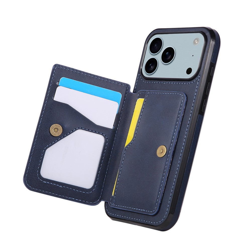 For iPhone 17 Pro Max Case Card Holder Kickstand PU Leather + TPU Phone Cover - Blue