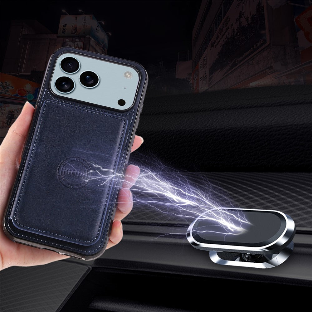 For iPhone 17 Pro Max Case Card Holder Kickstand PU Leather + TPU Phone Cover - Blue