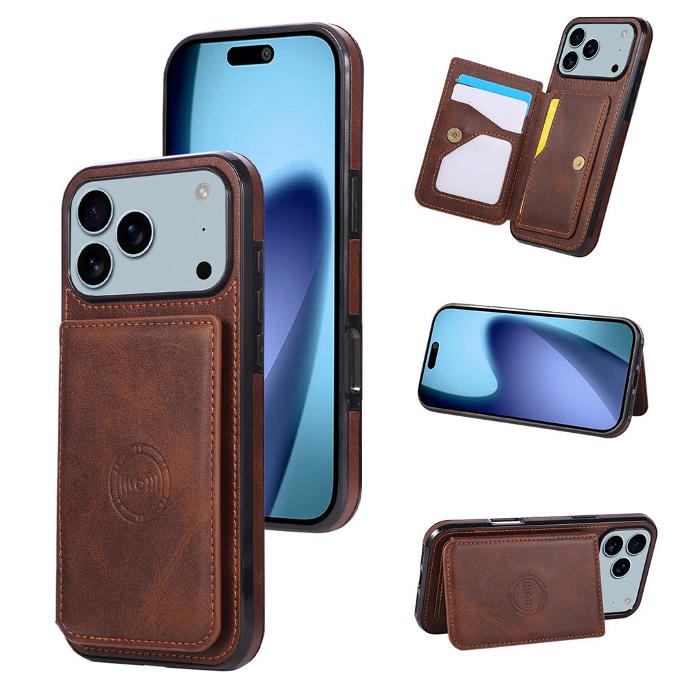 For iPhone 17 Pro Max Case Card Holder Kickstand PU Leather + TPU Phone Cover - Coffee