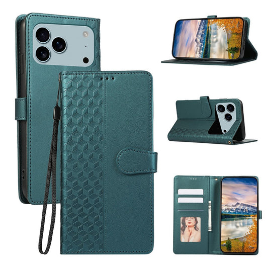 For iPhone 17 Pro Max Case 3D Rhombus Grid Imprinted Wallet Leather Phone Cover with Lanyard - Green
