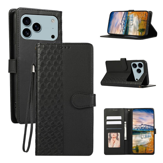 For iPhone 17 Pro Max Case 3D Rhombus Grid Imprinted Wallet Leather Phone Cover with Lanyard - Black