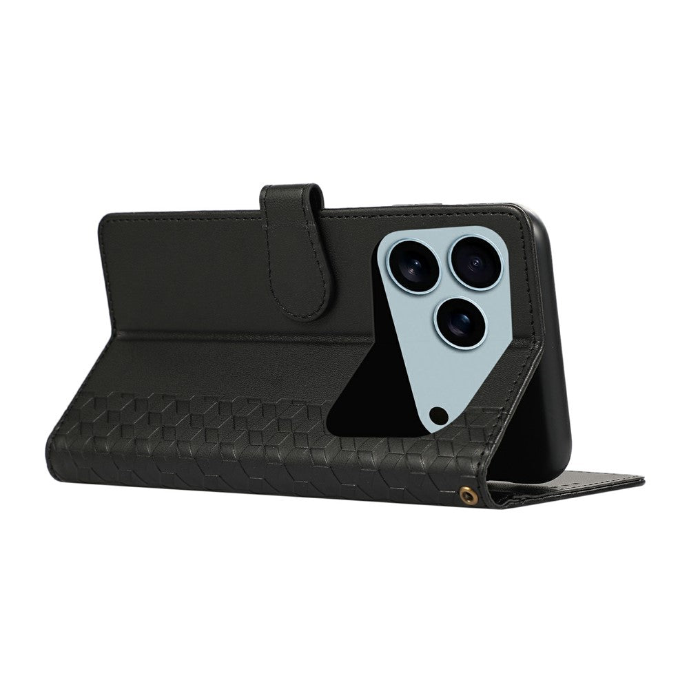 For iPhone 17 Pro Max Case 3D Rhombus Grid Imprinted Wallet Leather Phone Cover with Lanyard - Black