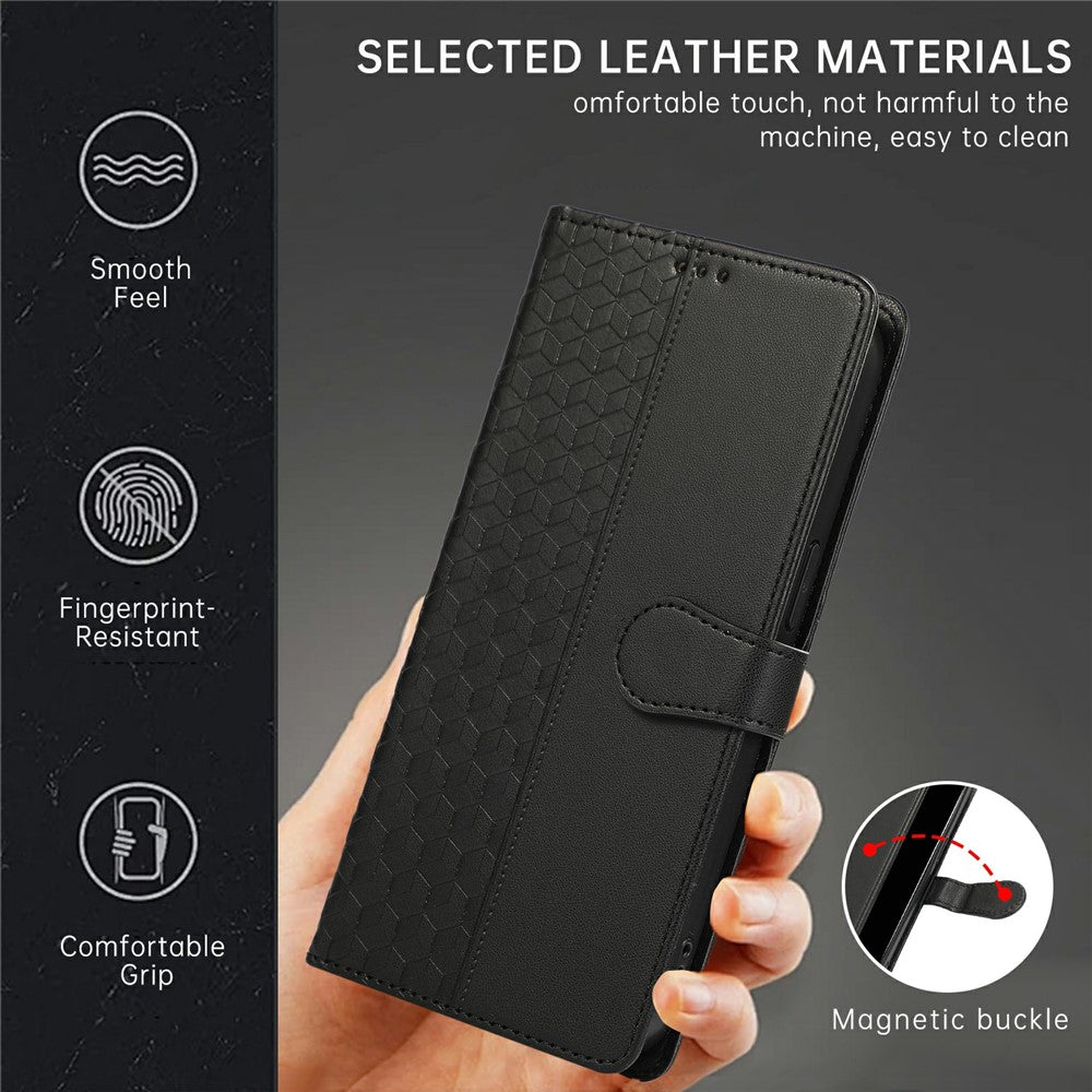 For iPhone 17 Pro Max Case 3D Rhombus Grid Imprinted Wallet Leather Phone Cover with Lanyard - Black