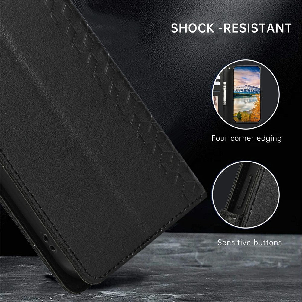 For iPhone 17 Pro Max Case 3D Rhombus Grid Imprinted Wallet Leather Phone Cover with Lanyard - Black