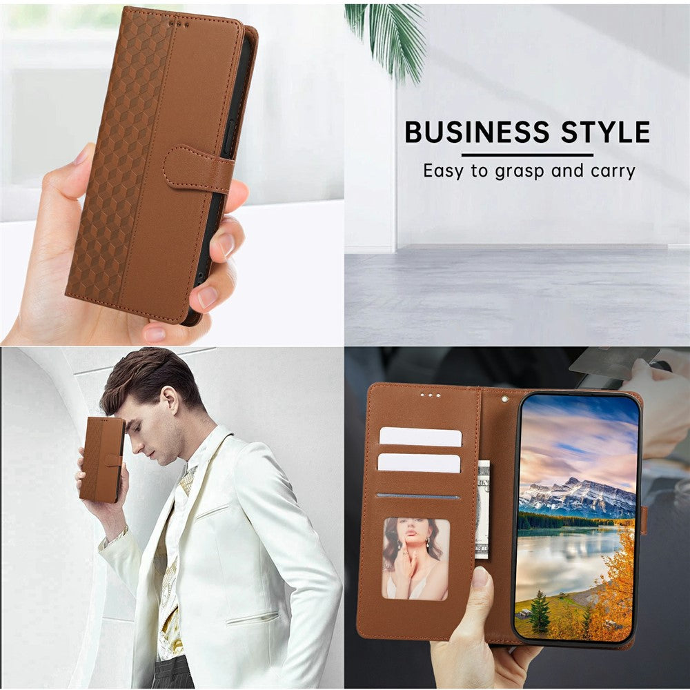 For iPhone 17 Pro Max Case 3D Rhombus Grid Imprinted Wallet Leather Phone Cover with Lanyard - Brown