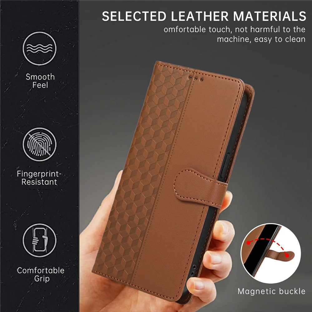 For iPhone 17 Pro Max Case 3D Rhombus Grid Imprinted Wallet Leather Phone Cover with Lanyard - Brown