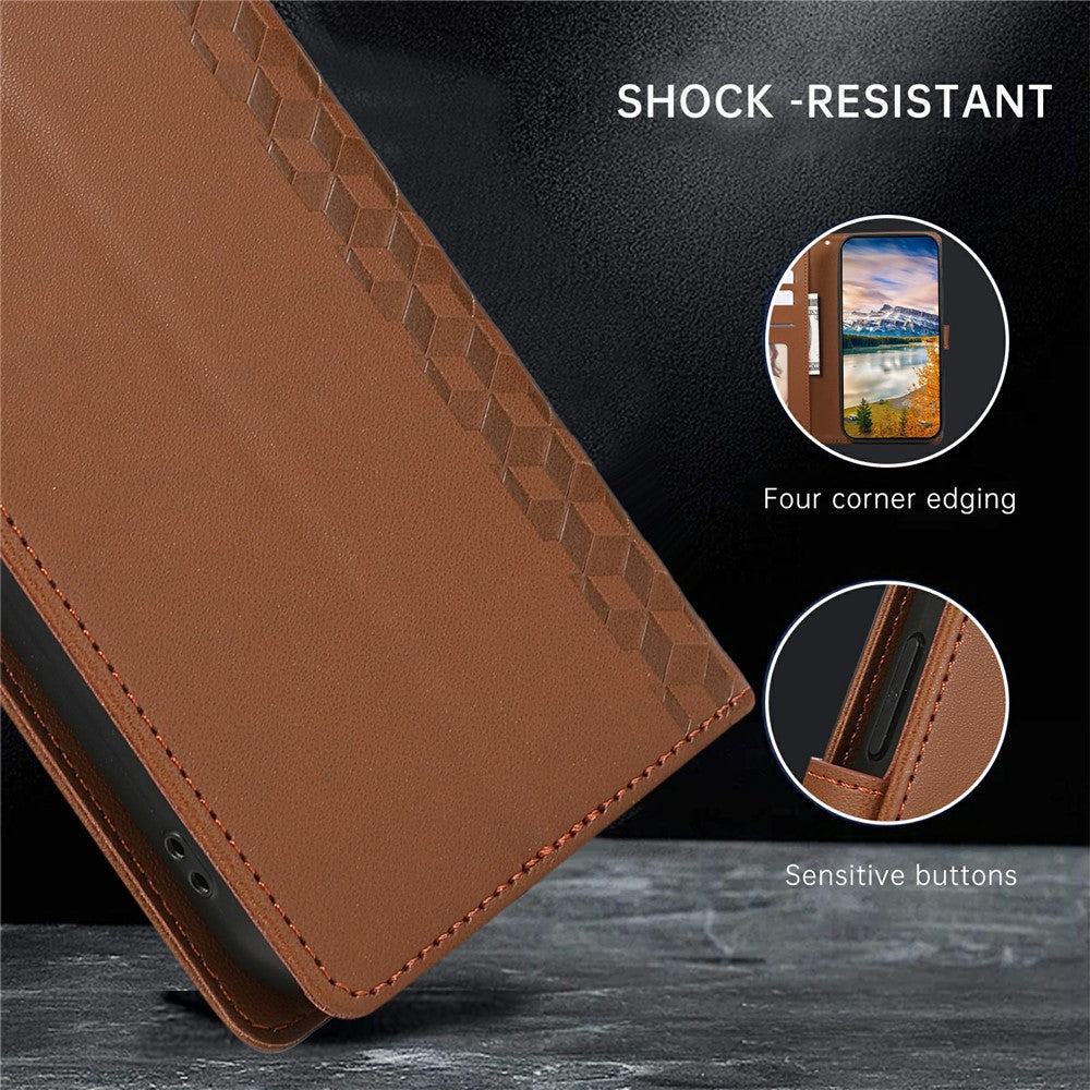 For iPhone 17 Pro Max Case 3D Rhombus Grid Imprinted Wallet Leather Phone Cover with Lanyard - Brown