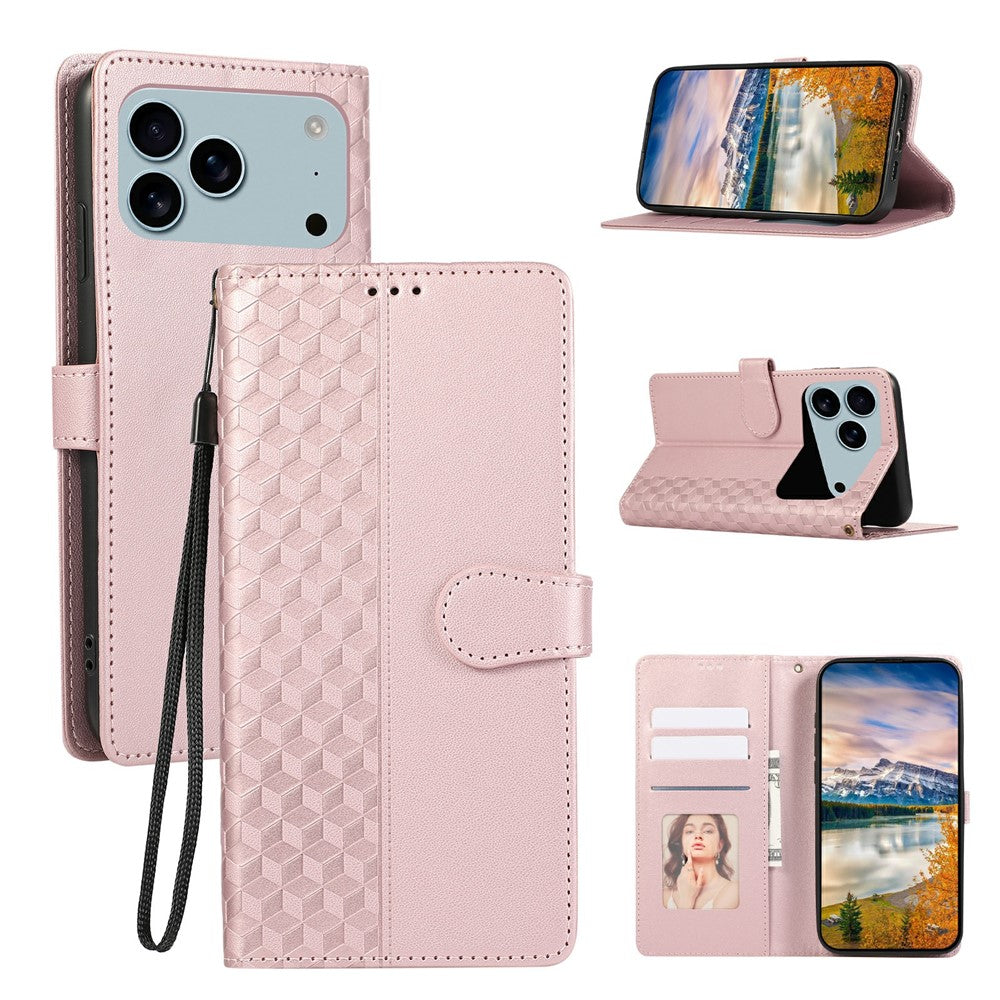 For iPhone 17 Pro Max Case 3D Rhombus Grid Imprinted Wallet Leather Phone Cover with Lanyard - Rose Gold