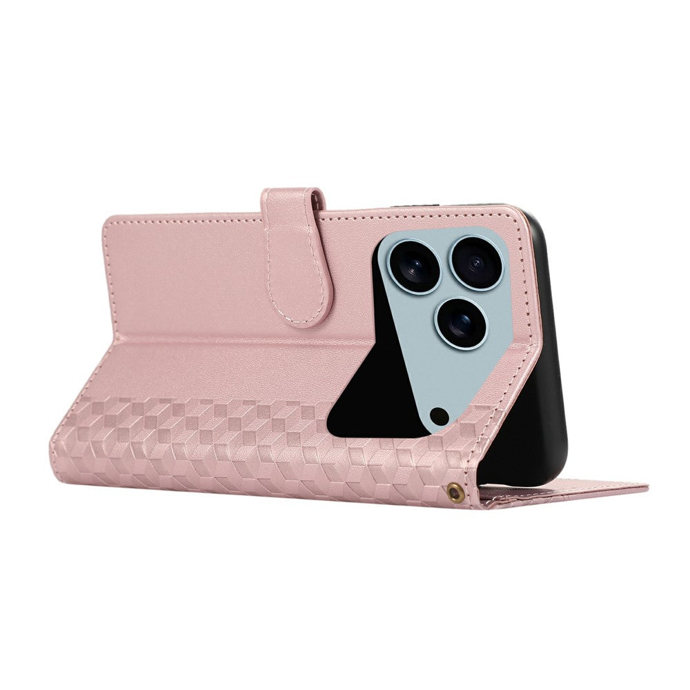 For iPhone 17 Pro Max Case 3D Rhombus Grid Imprinted Wallet Leather Phone Cover with Lanyard - Rose Gold