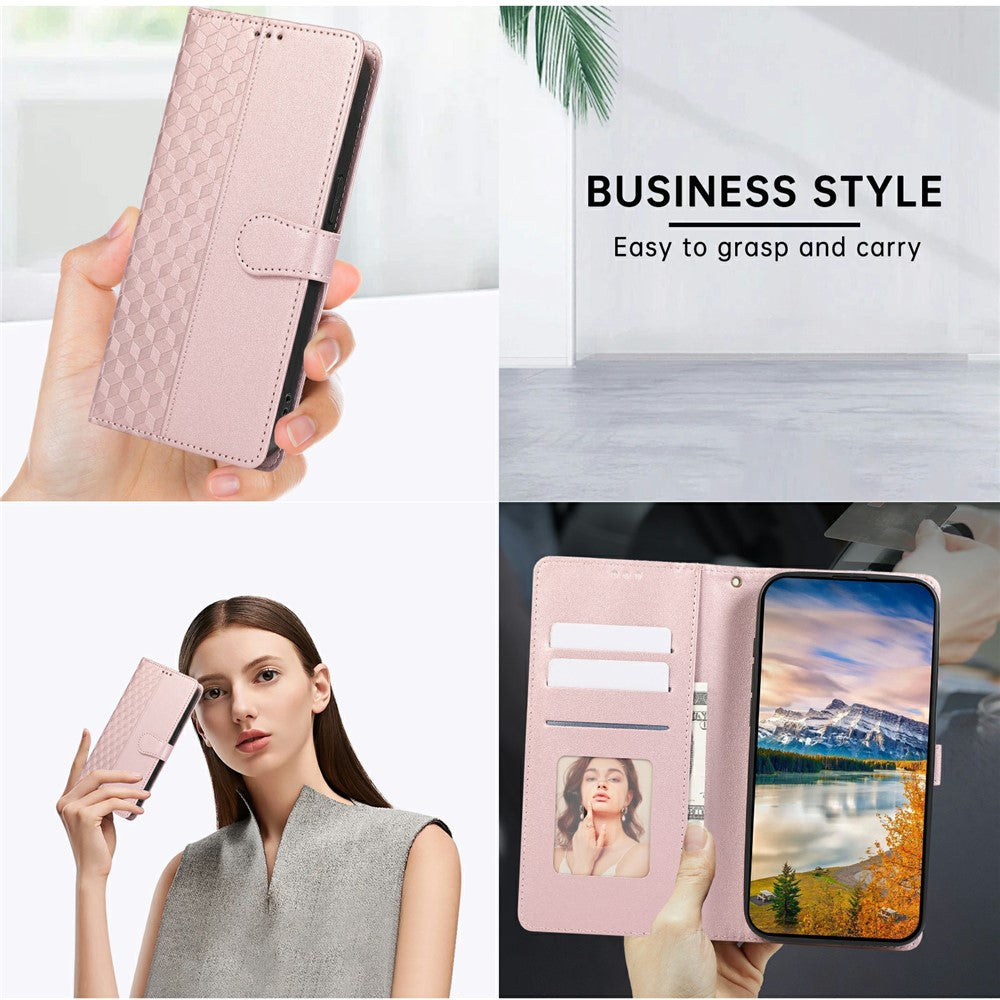 For iPhone 17 Pro Max Case 3D Rhombus Grid Imprinted Wallet Leather Phone Cover with Lanyard - Rose Gold