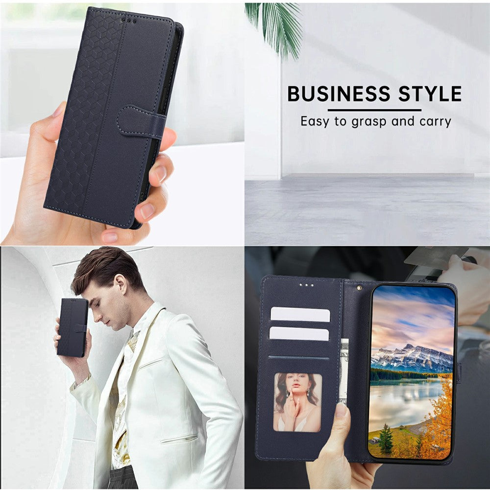 For iPhone 17 Pro Max Case 3D Rhombus Grid Imprinted Wallet Leather Phone Cover with Lanyard - Blue
