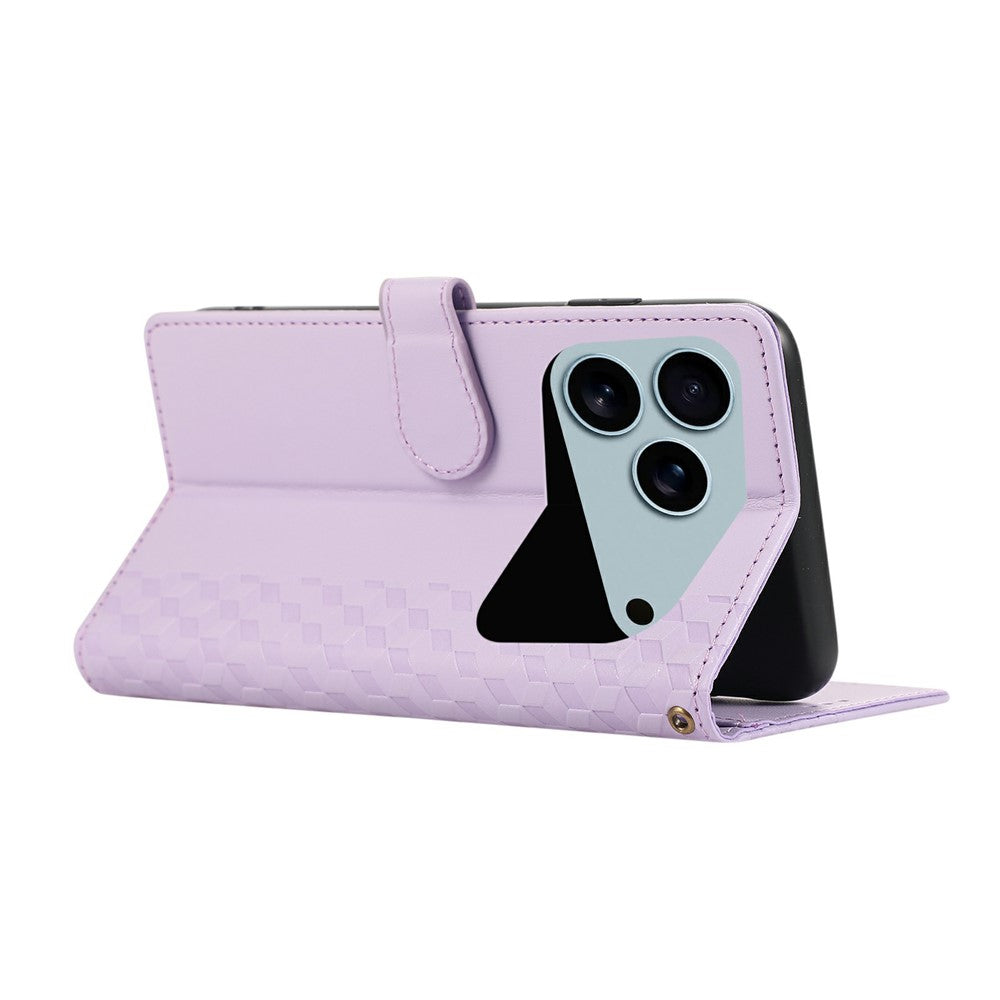 For iPhone 17 Pro Max Case 3D Rhombus Grid Imprinted Wallet Leather Phone Cover with Lanyard - Purple