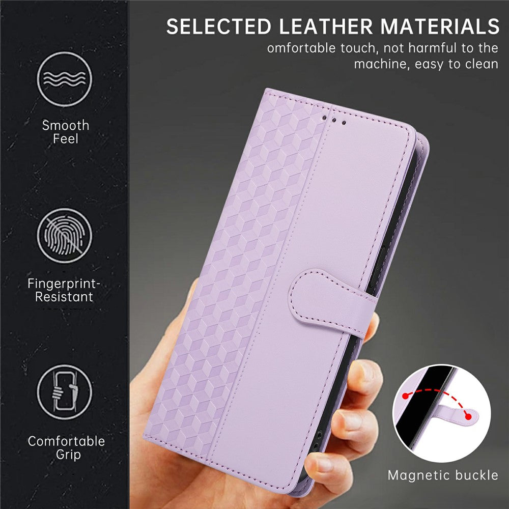 For iPhone 17 Pro Max Case 3D Rhombus Grid Imprinted Wallet Leather Phone Cover with Lanyard - Purple