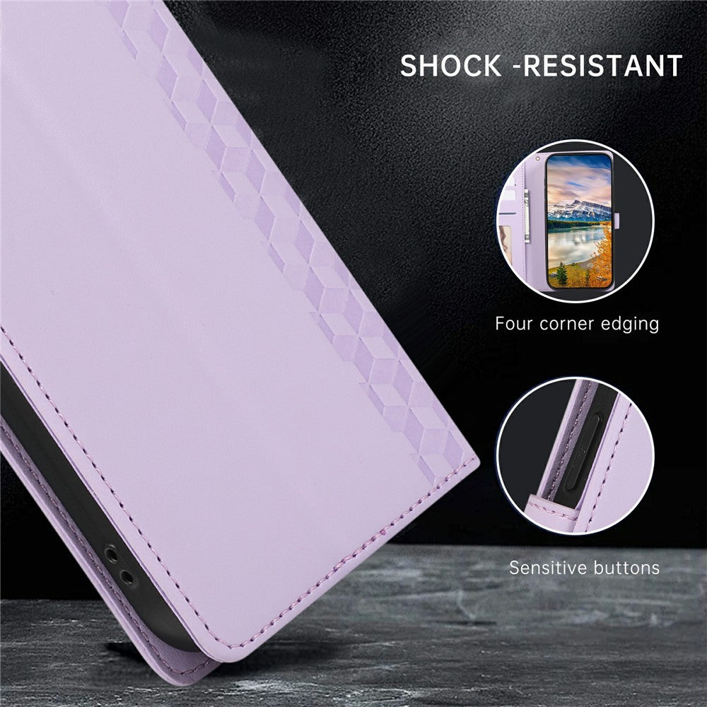 For iPhone 17 Pro Max Case 3D Rhombus Grid Imprinted Wallet Leather Phone Cover with Lanyard - Purple