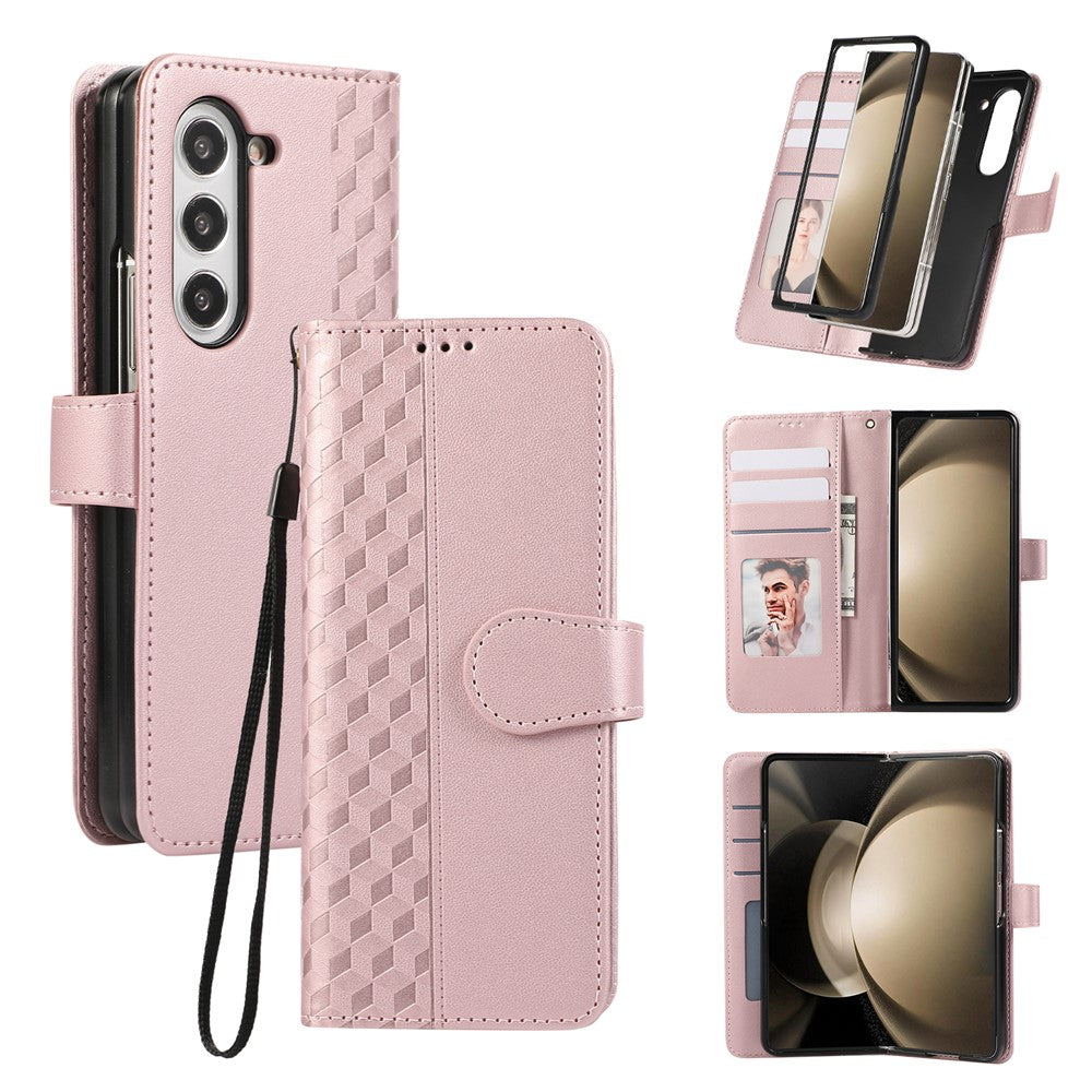 For Samsung Galaxy Z Fold7 5G Case 3D Rhombus Grid Imprinted Wallet Leather Phone Cover with Lanyard - Rose Gold