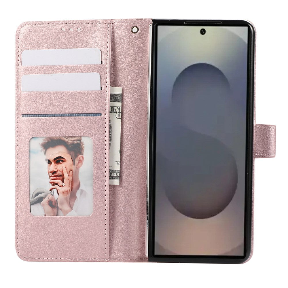 For Samsung Galaxy Z Fold7 5G Case 3D Rhombus Grid Imprinted Wallet Leather Phone Cover with Lanyard - Rose Gold