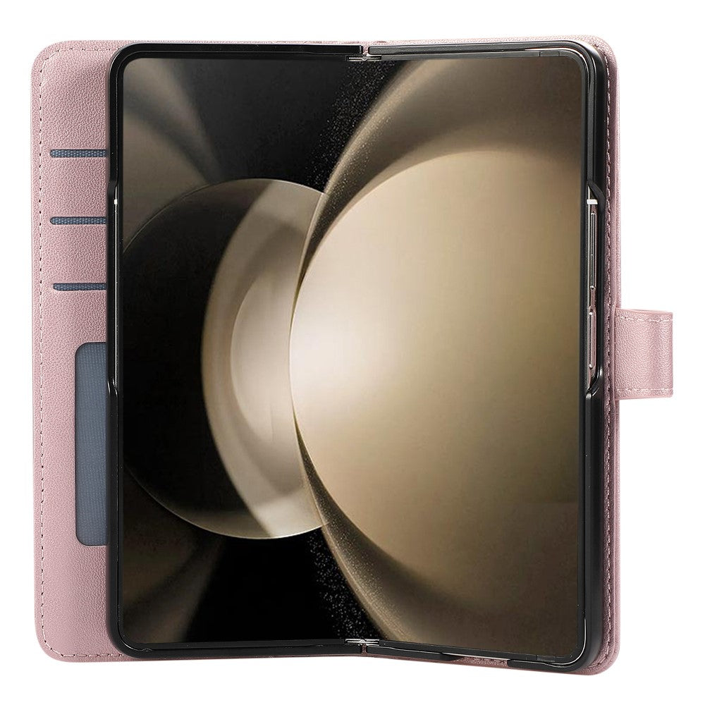 For Samsung Galaxy Z Fold7 5G Case 3D Rhombus Grid Imprinted Wallet Leather Phone Cover with Lanyard - Rose Gold