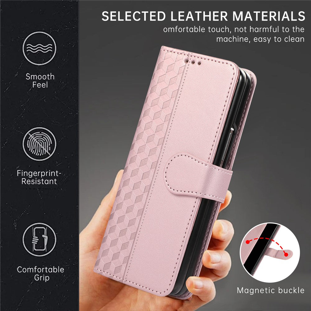 For Samsung Galaxy Z Fold7 5G Case 3D Rhombus Grid Imprinted Wallet Leather Phone Cover with Lanyard - Rose Gold