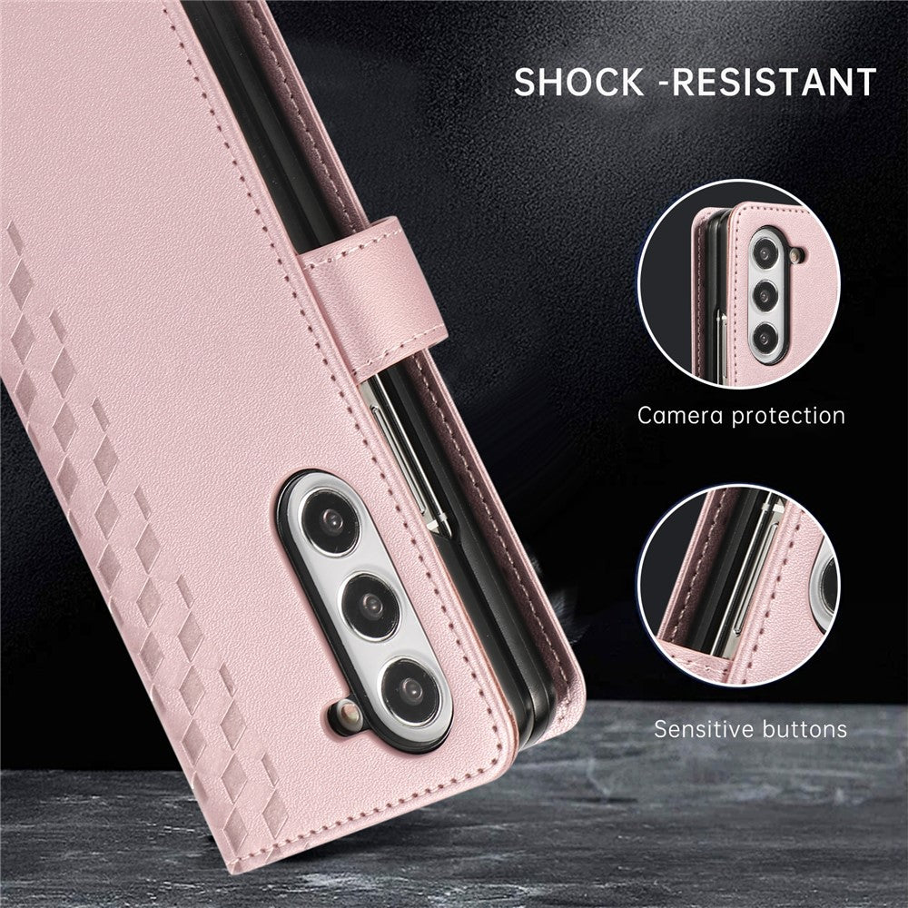 For Samsung Galaxy Z Fold7 5G Case 3D Rhombus Grid Imprinted Wallet Leather Phone Cover with Lanyard - Rose Gold