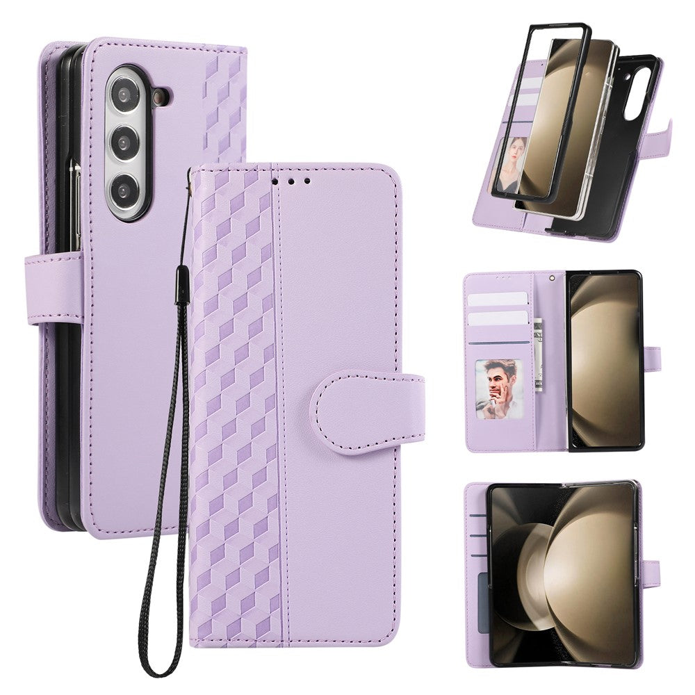 For Samsung Galaxy Z Fold7 5G Case 3D Rhombus Grid Imprinted Wallet Leather Phone Cover with Lanyard - Purple