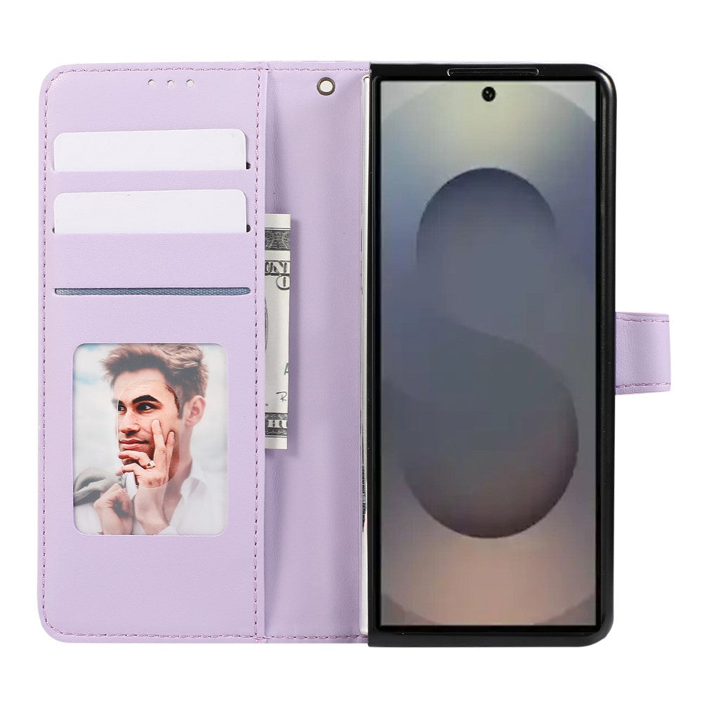 For Samsung Galaxy Z Fold7 5G Case 3D Rhombus Grid Imprinted Wallet Leather Phone Cover with Lanyard - Purple