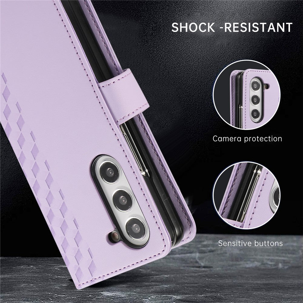 For Samsung Galaxy Z Fold7 5G Case 3D Rhombus Grid Imprinted Wallet Leather Phone Cover with Lanyard - Purple