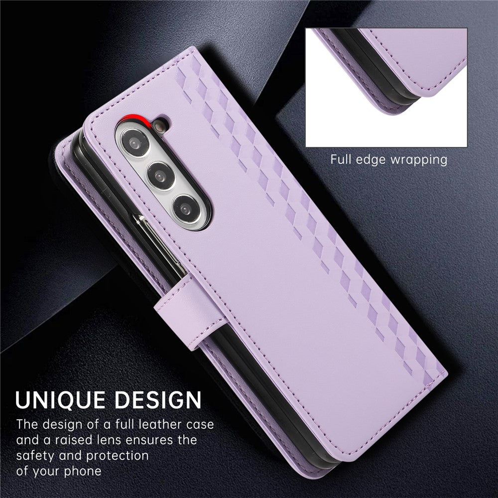 For Samsung Galaxy Z Fold7 5G Case 3D Rhombus Grid Imprinted Wallet Leather Phone Cover with Lanyard - Purple
