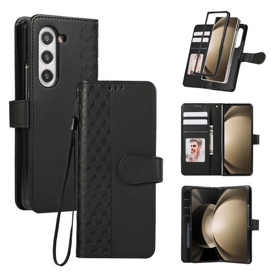 For Samsung Galaxy Z Fold7 5G Case 3D Rhombus Grid Imprinted Wallet Leather Phone Cover with Lanyard - Black