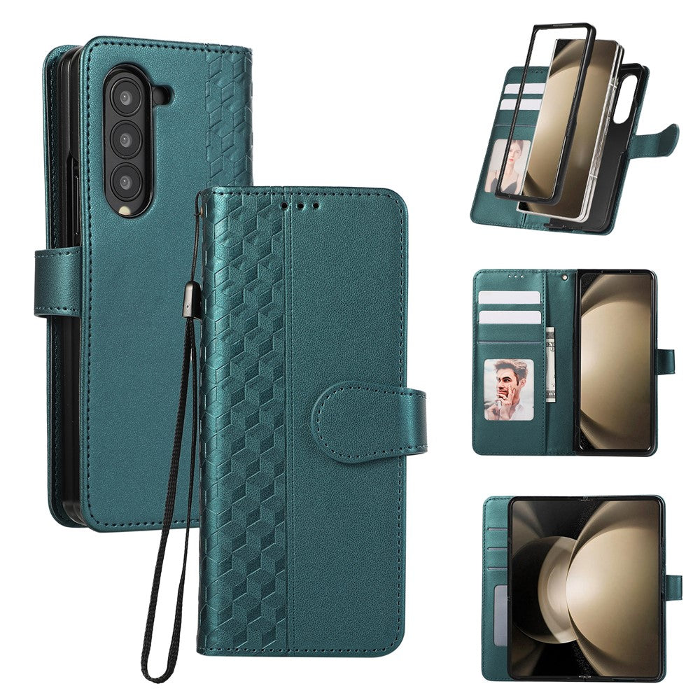 For Samsung Galaxy Z Fold7 5G Case 3D Rhombus Grid Imprinted Wallet Leather Phone Cover with Lanyard - Green
