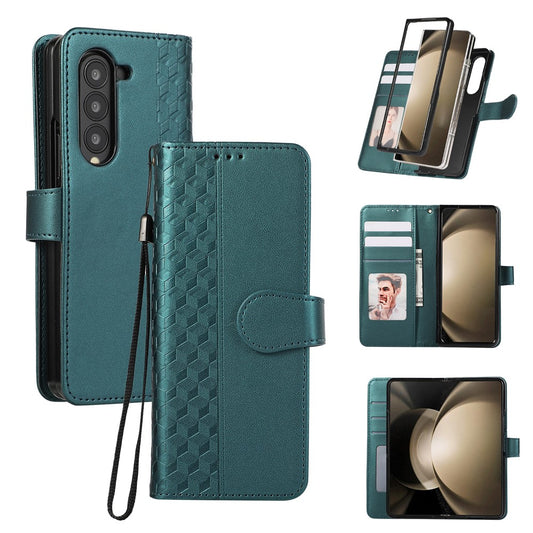 For Samsung Galaxy Z Fold7 5G Case 3D Rhombus Grid Imprinted Wallet Leather Phone Cover with Lanyard - Green